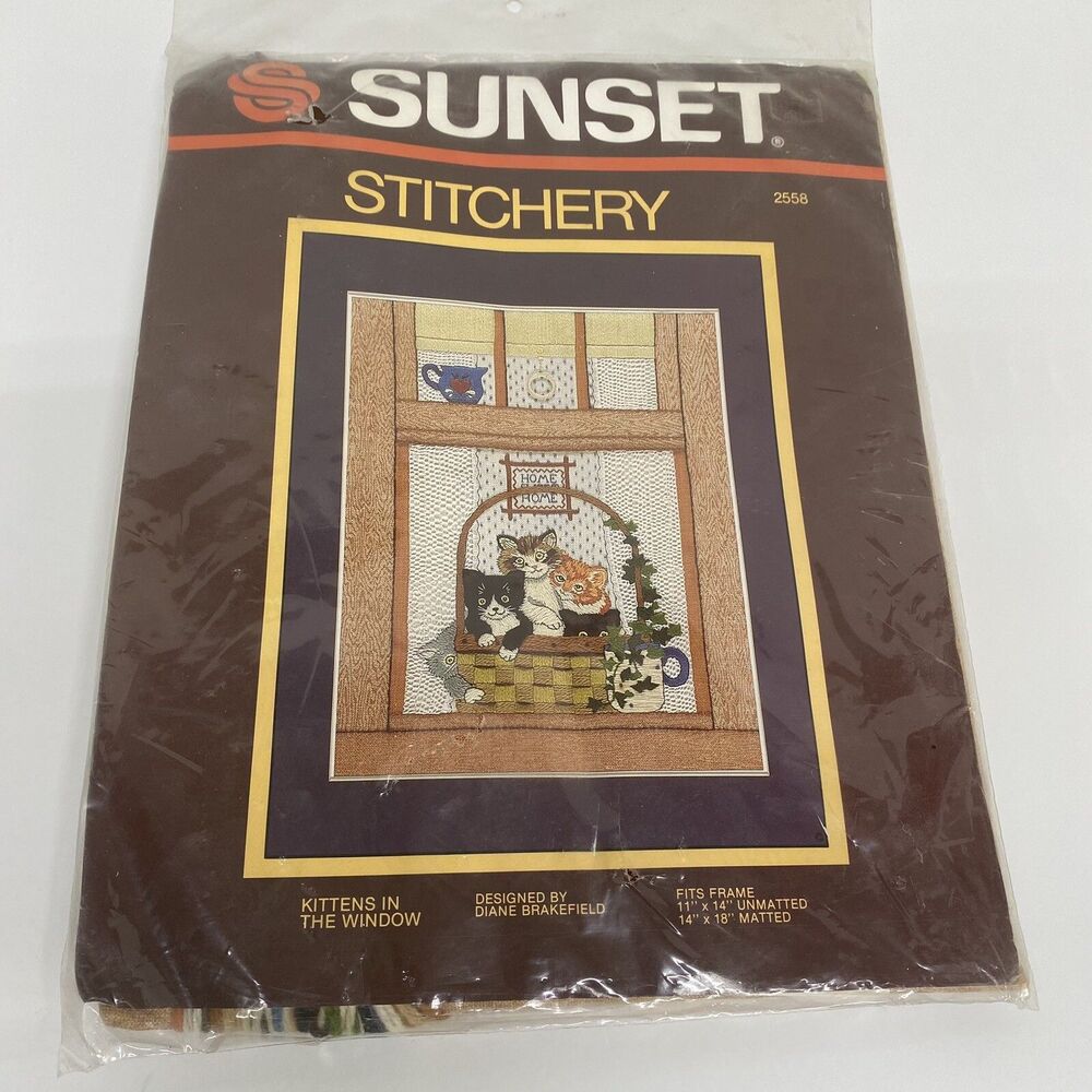 Sunset Stitchery Kittens in the Window Complete Kit Never Opened Package Cats